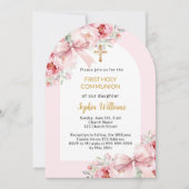 Roze bloemen boog meisje Eerste Communie Kaart (Voorkant)