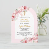 Roze bloemen boog meisje Eerste Communie Kaart (Staand voorkant)