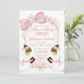 Roze Bloemen Boog Tweeling Meisje Eerste Heilige C Kaart (Staand voorkant)