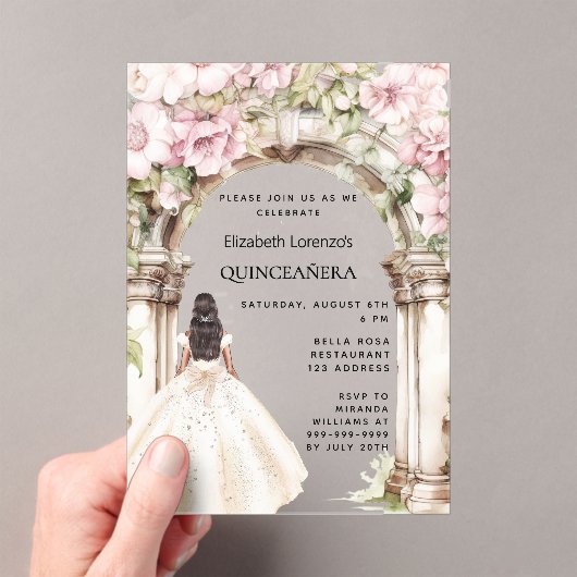 Roze bloemen boog witte jurk duidelijk Quinceanera Acryl Uitnodigingen (Insitu (Draagbaar))