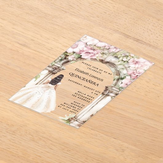 Roze bloemen boog witte jurk duidelijk Quinceanera Acryl Uitnodigingen (Laagn)