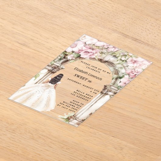 Roze bloemen boog witte jurk duidelijk Sweet 16 Acryl Uitnodigingen (Laagn)