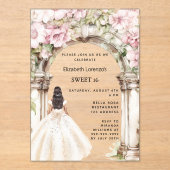 Roze bloemen boog witte jurk duidelijk Sweet 16 Acryl Uitnodigingen (Voorkant)