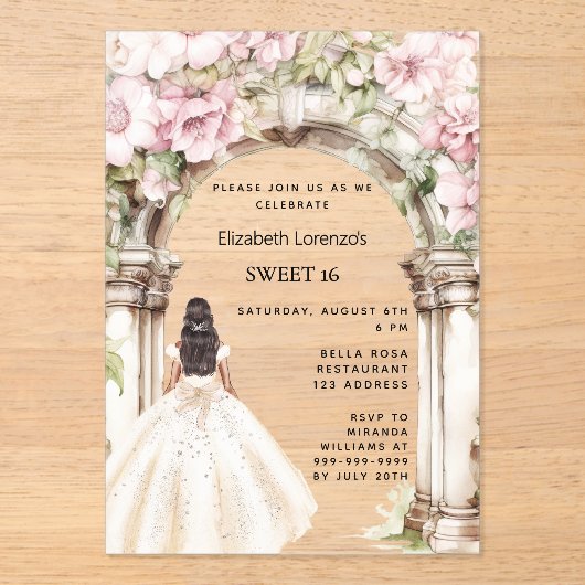 Roze bloemen boog witte jurk duidelijk Sweet 16 Acryl Uitnodigingen (Voorkant)