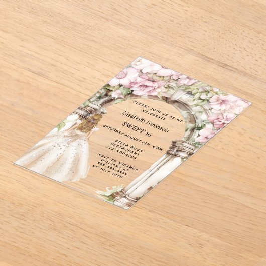 Roze bloemen boog witte jurk duidelijk Sweet 16 Acryl Uitnodigingen (Laagn)