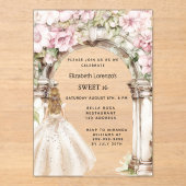 Roze bloemen boog witte jurk duidelijk Sweet 16 Acryl Uitnodigingen (Voorkant)