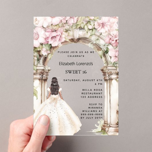 Roze bloemen boog witte jurk helder Sweet 16 Acryl Uitnodigingen (Insitu (Draagbaar))