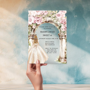 Roze bloemen boog witte jurk helder Sweet 16 Acryl Uitnodigingen