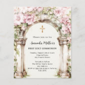 Roze bloemen boogmeisje Eerste Communie uitnodigin (Voorkant)