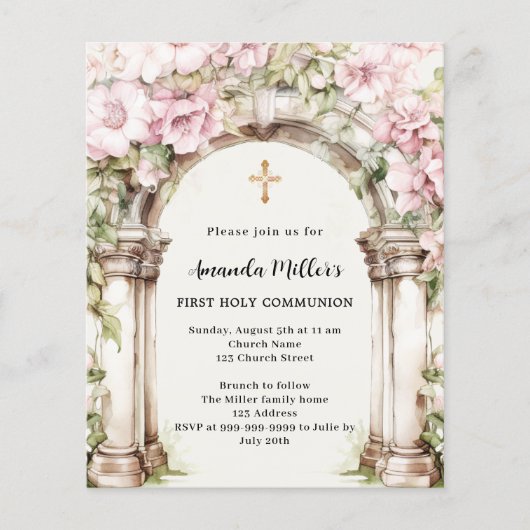 Roze bloemen boogmeisje Eerste Communie uitnodigin (Voorkant)