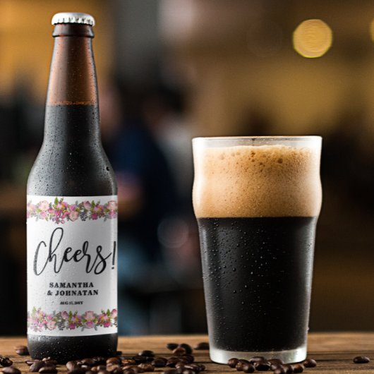 Roze Bloemen Border Wedding Bier Etiket