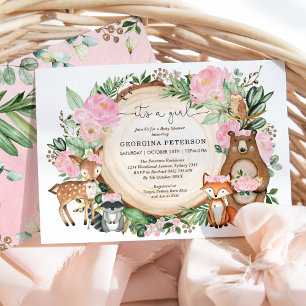 Roze bloemen bosdieren baby meisje kaart