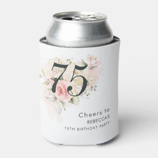 Roze Bloemen Botanisch Bladgroen 75e Verjaardagsfe Blikjeskoeler (Blikje Voorkant)