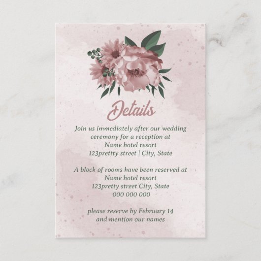 roze bloemen botanische bruiloft informatiekaartje (Voorkant)