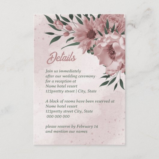  roze bloemen botanische bruiloft informatiekaartje (Voorkant)