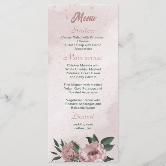 roze bloemen botanische trouwmenu menu (Voorkant)
