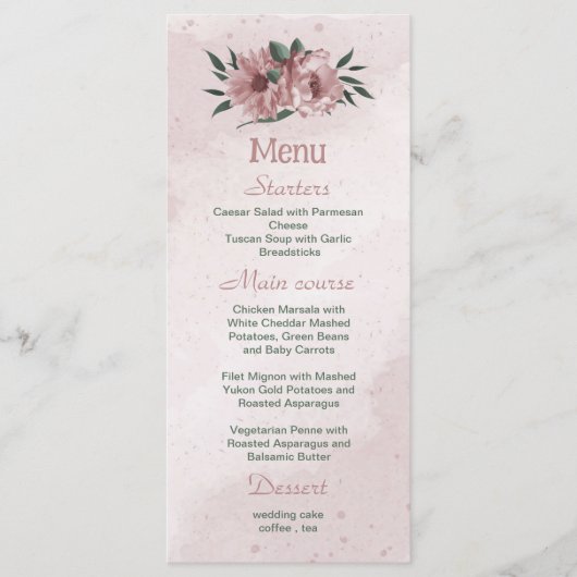  roze bloemen botanische trouwmenu menu (Voorkant)