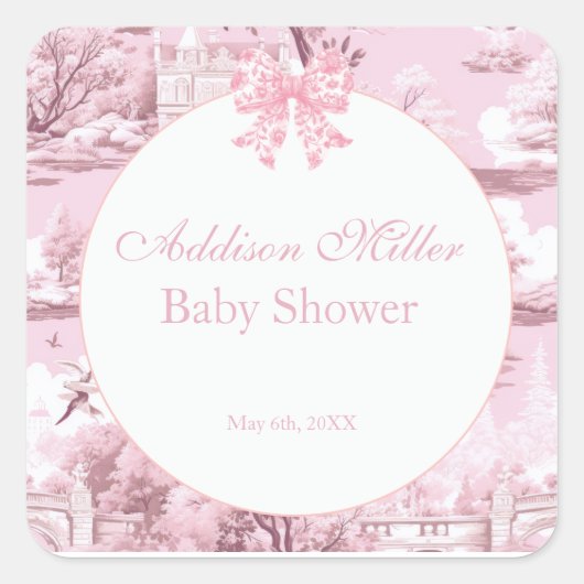 Roze Bloemen Bow Coquette Baby Meisje Douche Nap Vierkante Sticker (Voorkant)