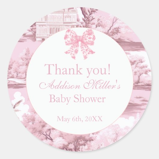 Roze Bloemen Bow Coquette Baby Meisje Douche Ronde Sticker (Voorkant)