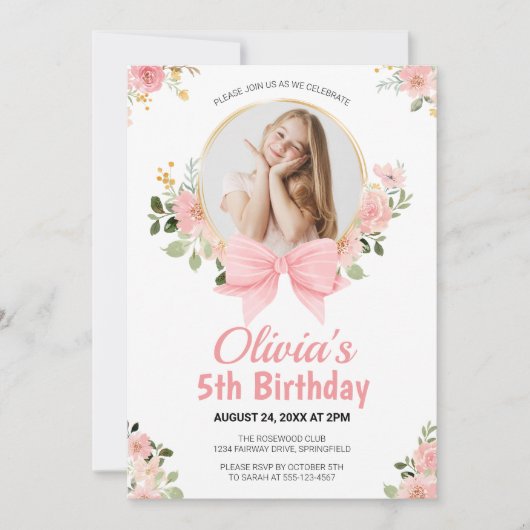 Roze Bloemen Bow Foto Meisje Verjaardag Kaart (Voorkant)