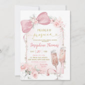 Roze Bloemen Bow Parels en Prosecco Vrijgezellenfe Kaart (Voorkant)