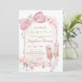 Roze Bloemen Bow Parels en Prosecco Vrijgezellenfe Kaart (Staand voorkant)