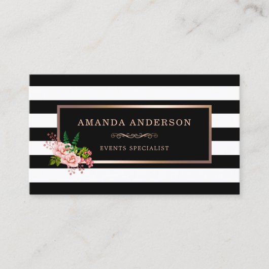 Roze Bloemen Brons Lijst op Stripes Visitekaartje (Voorkant)