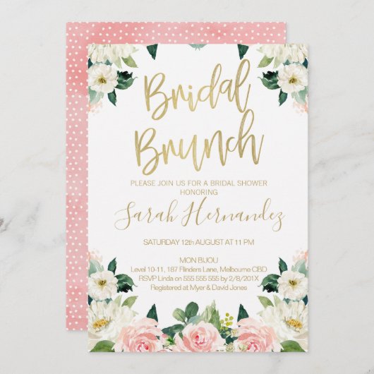 Roze Bloemen Bruids Brunch Bruids Douche Uitnodigi Kaart (Voorkant / Achterkant)