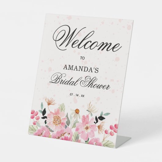 Roze Bloemen Bruids Brunch Welkom Reclamebord Met Voetstuk (Voorkant)