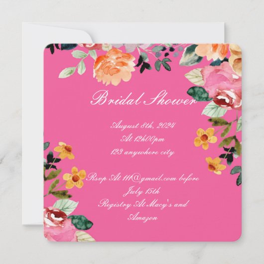 ROZE BLOEMEN BRUIDS DOUCHE UITNODIGING (Voorkant)