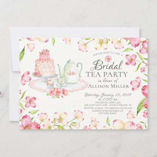  Roze Bloemen Bruids Tea Party Uitnodiging (Voorkant)
