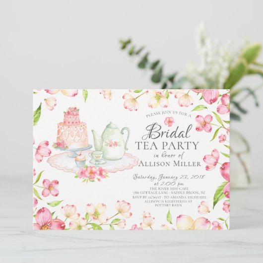  Roze Bloemen Bruids Tea Party Uitnodiging (Staand voorkant)