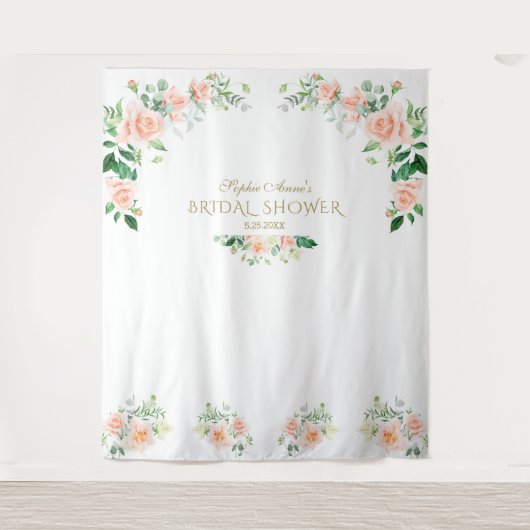 Roze bloemen bruidsdouche foto booth prop met char wandkleed (Voorkant)