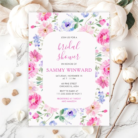 Roze Bloemen Bruidsfeest Kaart