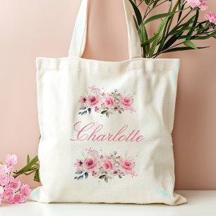 Roze Bloemen Bruidsmeisje Naam Tote Bag