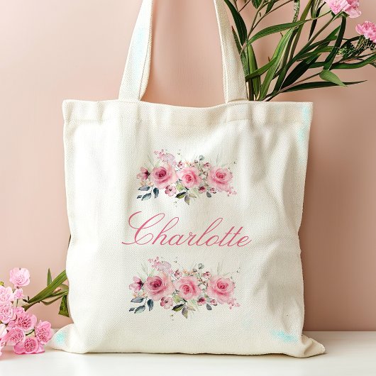 Roze Bloemen Bruidsmeisje Naam Tote Bag