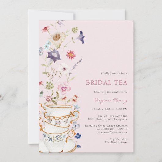 Roze Bloemen Bruidsthee Kaart (Voorkant)