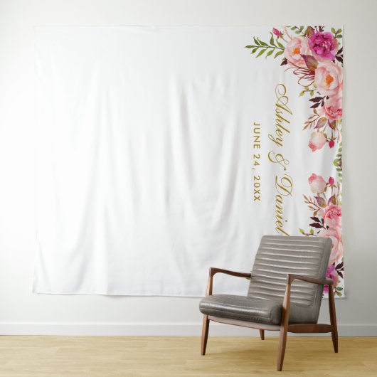 Roze Bloemen Bruiloft Achtergrond | Foto Booth Pro Wandkleed (In Situ (horizontaal))