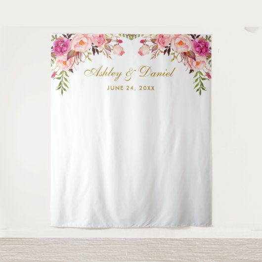 Roze Bloemen Bruiloft Achtergrond | Foto Booth Pro Wandkleed (Voorkant)