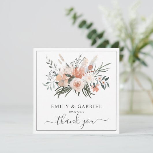 Roze Bloemen Bruiloft Bedankkaart (Staand voorkant)