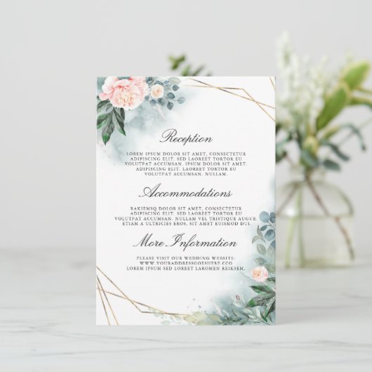 Roze Bloemen Bruiloft Details Gast Informatiekaartje (Staand voorkant)