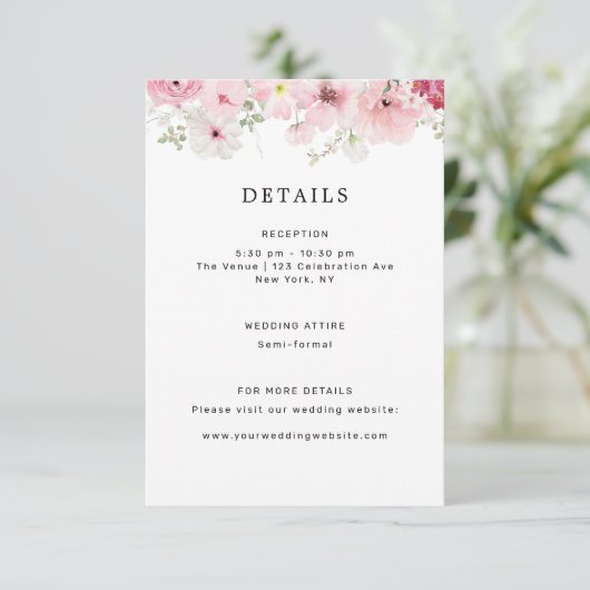 Roze Bloemen bruiloft Details Informatiekaartje (Staand voorkant)