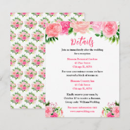 Roze bloemen bruiloft details met blad informatiekaartje