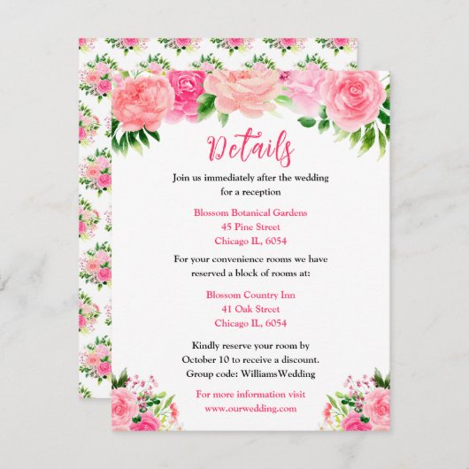 Roze bloemen bruiloft details met blad informatiekaartje (Voorkant / Achterkant)