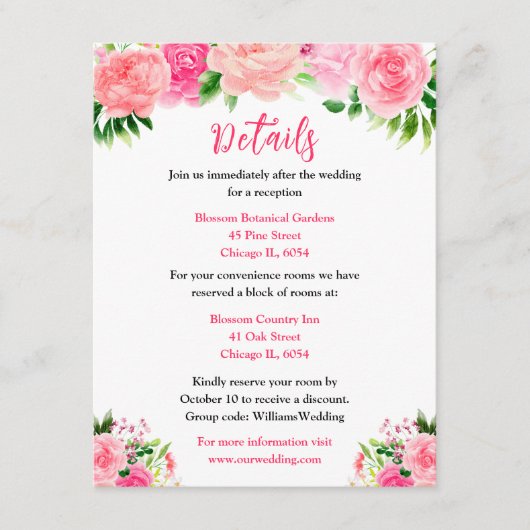 Roze bloemen bruiloft details met blad informatiekaartje (Voorkant)