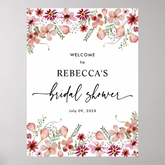 Roze bloemen bruiloft feest welkom bord poster (Voorkant)