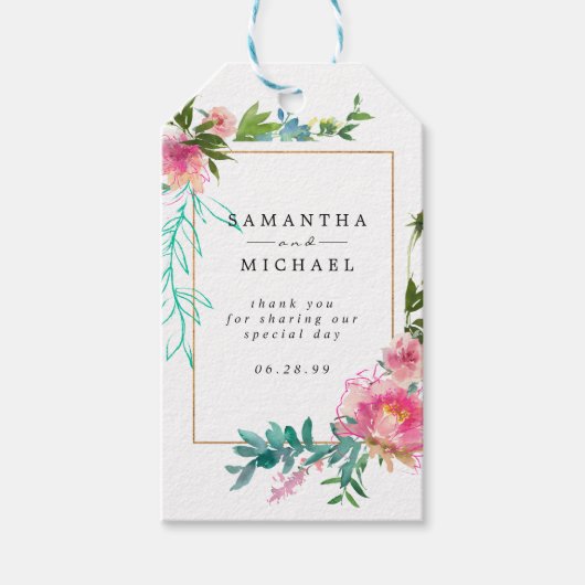 Roze Bloemen bruiloft gunst dank u Cadeaulabel (Voorkant)