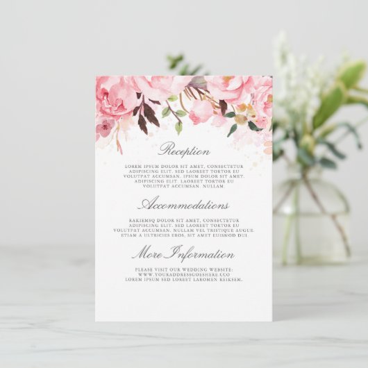Roze Bloemen Bruiloft Informatie Gast Informatiekaartje (Staand voorkant)