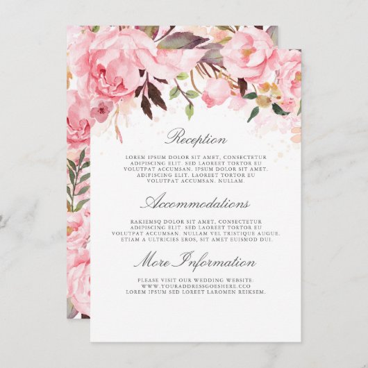 Roze Bloemen Bruiloft Informatie Gast Informatiekaartje (Voorkant / Achterkant)