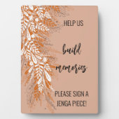 Roze Bloemen Bruiloft Jenga Gastenboek Teken Plaqu Fotoplaat (voorkant)